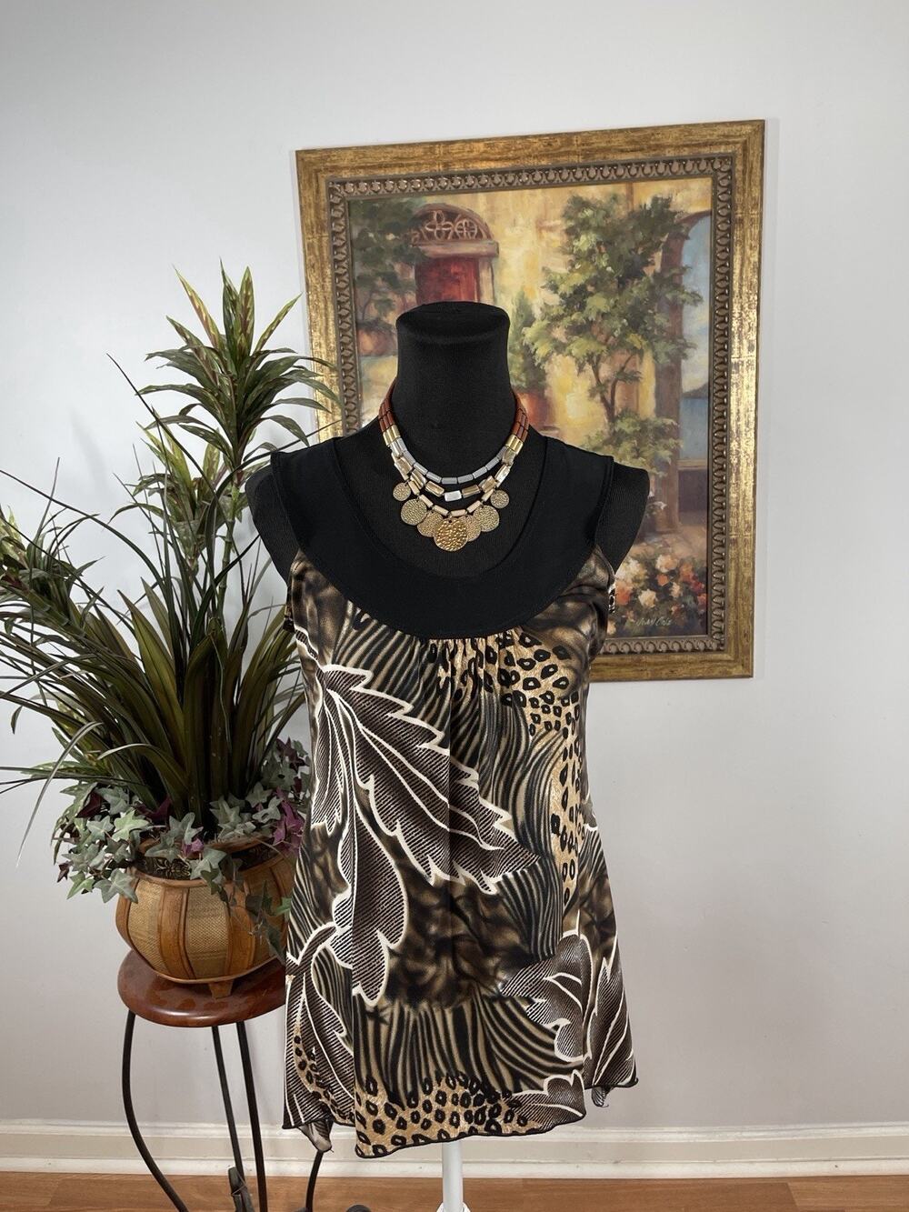 Claudia Richard Women Sleeveless Animal Print Tunic Top Brown Black Medium